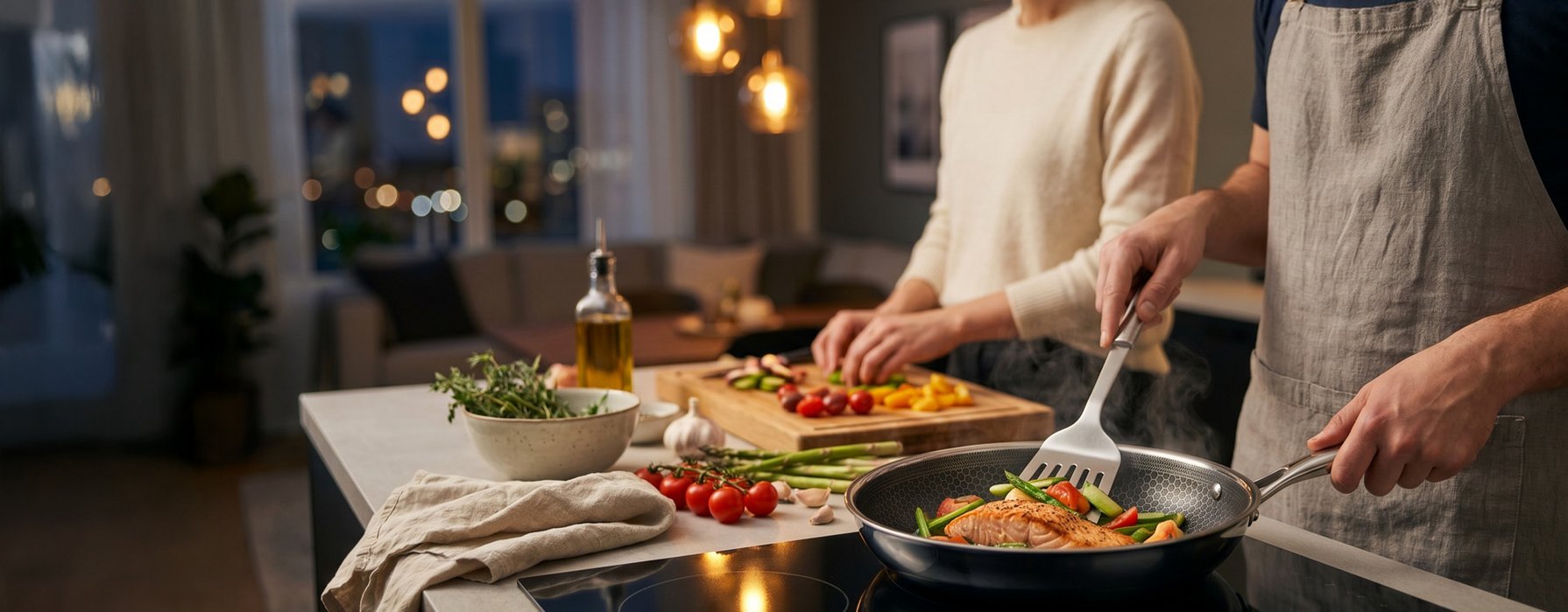 Zwei Personen bereiten Gemüse und Fleisch in einer Pfanne mit Wabenstruktur zu.