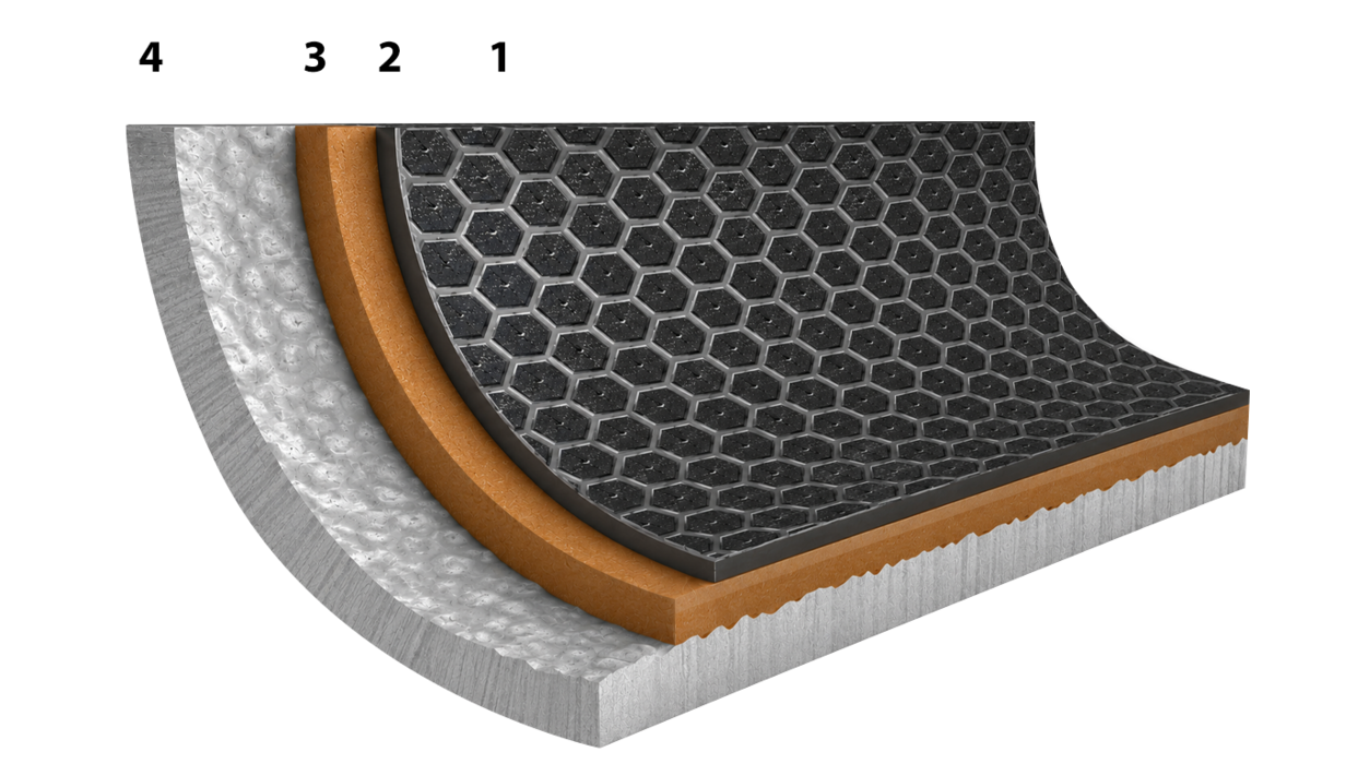 Schematische Darstellung des Beschichtungsaufbaus mit HEXASHIELD-Wabenstruktur.