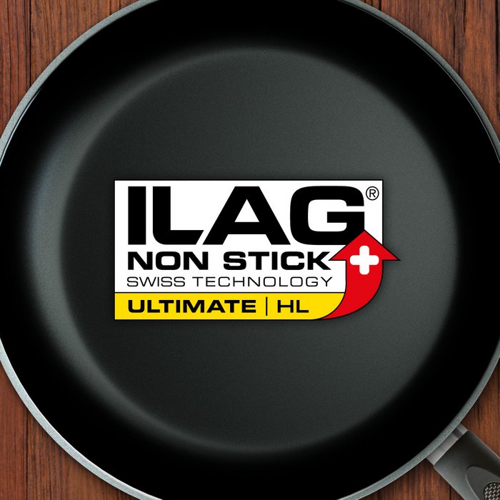 Black inside of a frying pan - ILAG logo with yellow shaded Ultimate HL lettering in the center