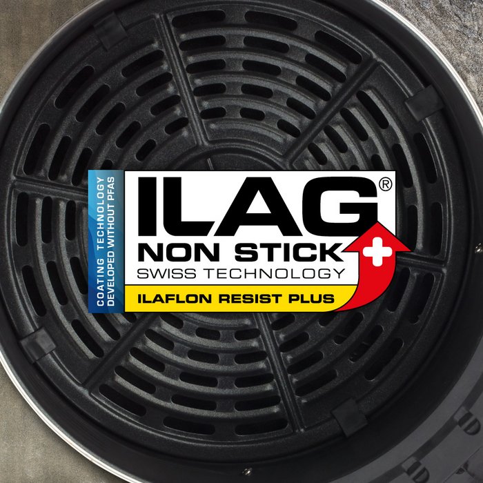 Black coated basket of an airfryer - ILAG logo with yellow shaded Ilaflon Resist Plus lettering in the center and on the left hand side an extra labeling "PFAS-FREE" in blue