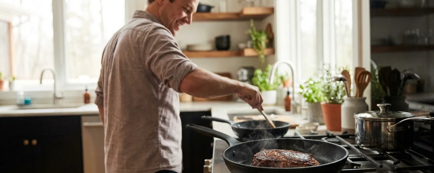 Ein Mann brät ein Steak in einer beschichteten Pfanne in einer modernen Küche.